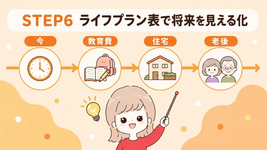 ライフプラン表で教育費・住宅・老後の資金を時系列で見える化するイメージ図
