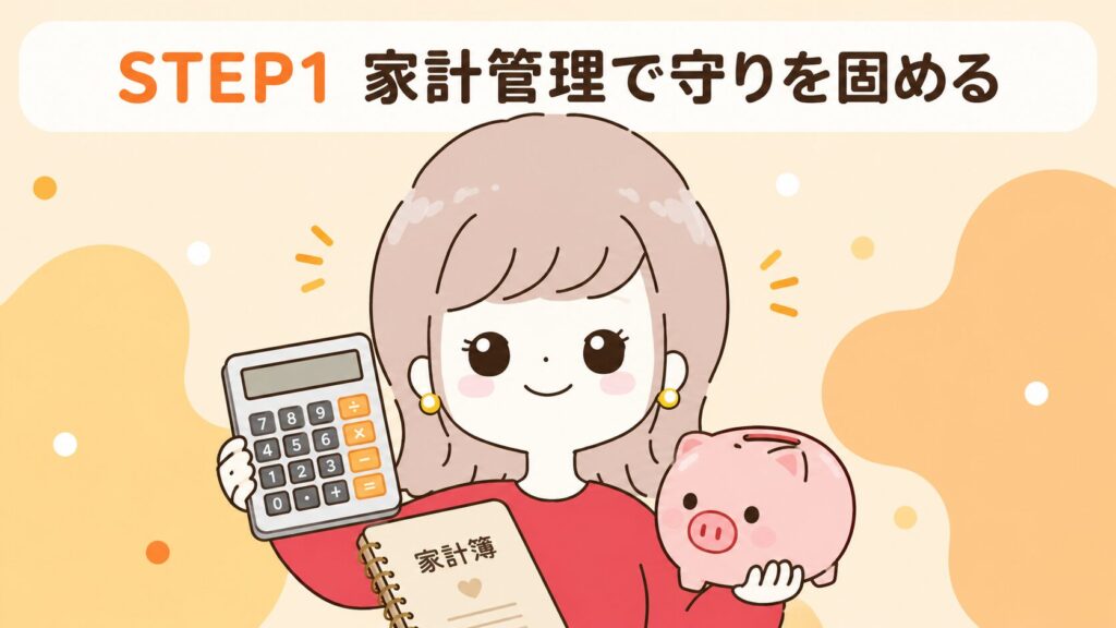 STEP1家計管理のイメージイラスト|家計簿と貯金箱を持つなつ